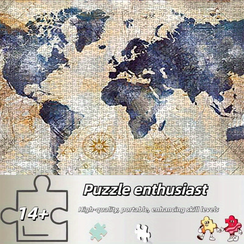 Vintage World Map Puzzle with Compass High Cardboard Portable