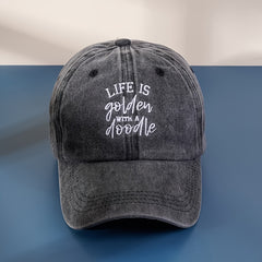 Distressed Baseball Cap Life Is Golden Doodle Embroidery