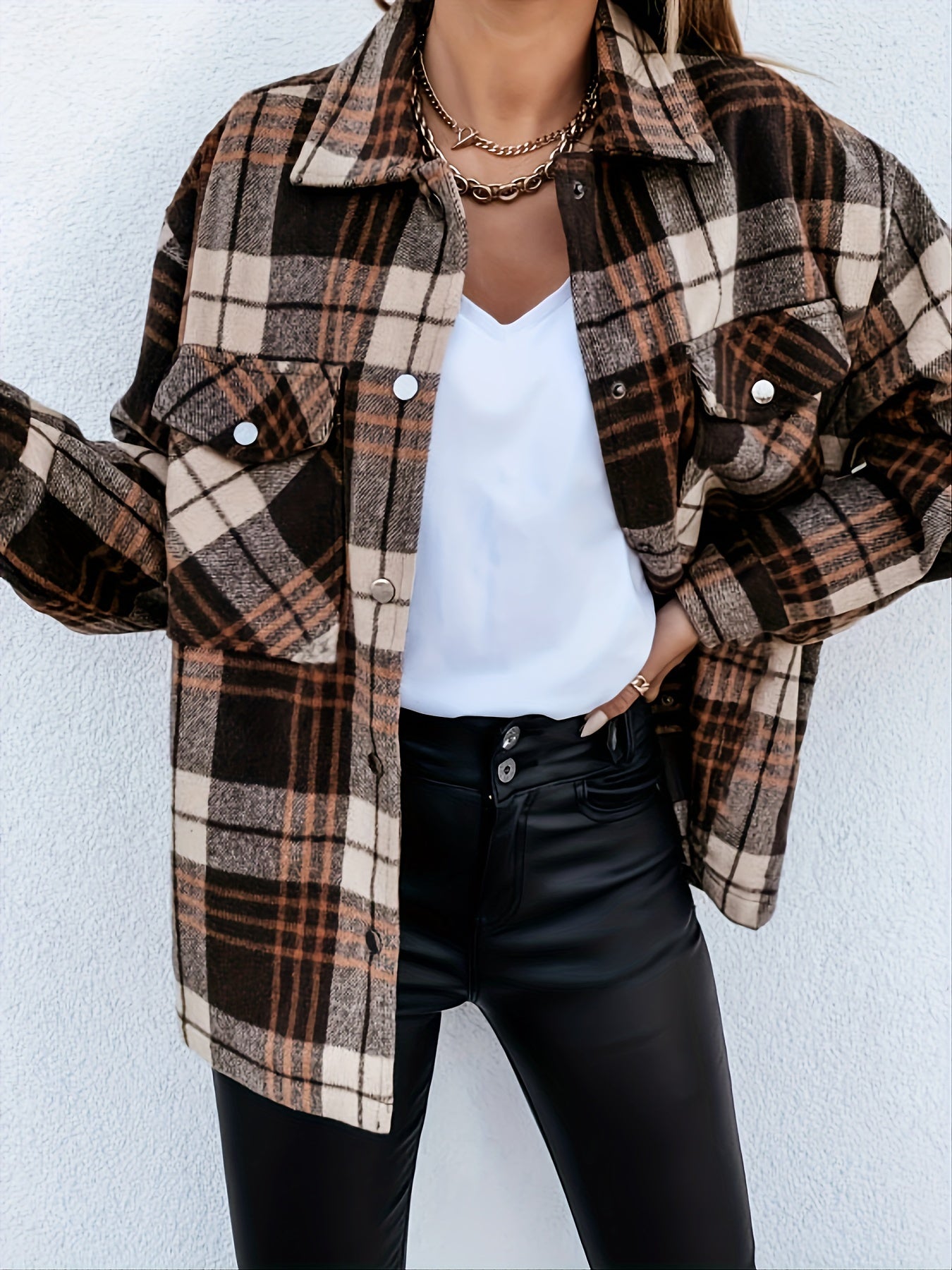 Brown Plaid Shirt Jacket Loose Casual Plaid Shacket For Spring & Fall