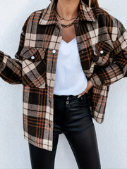 Brown Plaid Shirt Jacket Loose Casual Plaid Shacket For Spring & Fall