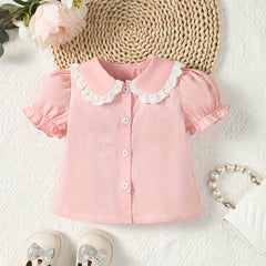 Baby Girls Lace Doll Collar Shirt Ruffled Cuff Short Sleeve Cotton Blouse