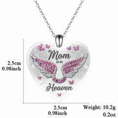 Pink Rhinestone Wing & Mom Is In Heaven Heart Pendant Necklace