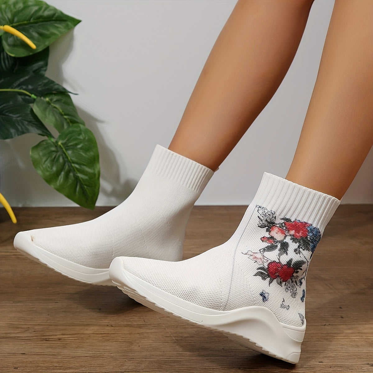 Women's Floral Print Stretch Sock Boots Slip On Ankle Boots