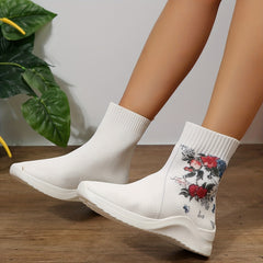 Women's Floral Print Stretch Sock Boots Slip On Ankle Boots