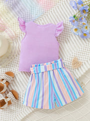 Toddler Girls Dopamine Flutter Sleeve T Shirt & Striped Belted Shorts