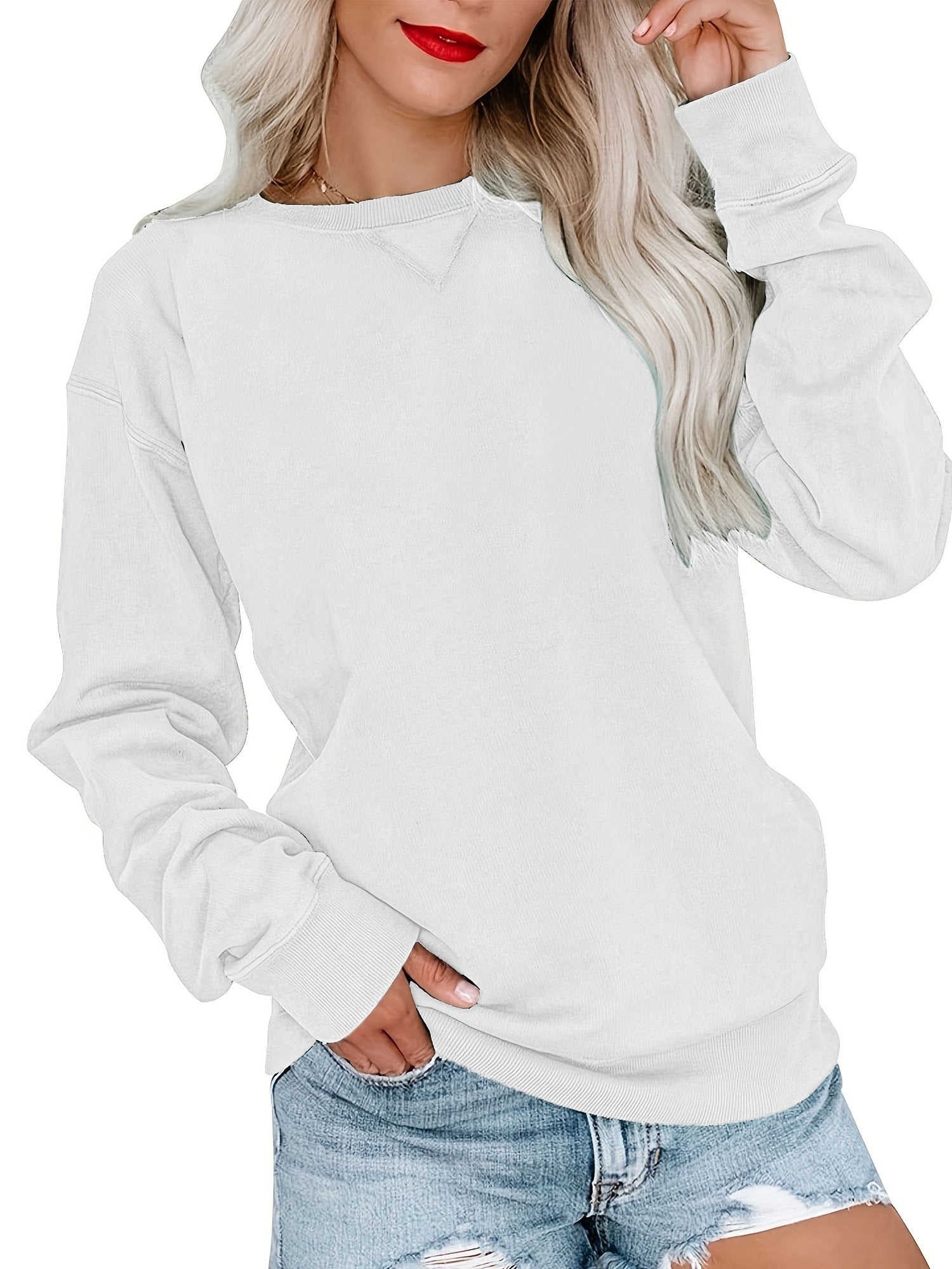 Solid Crew Neck Long Sleeve Sweatshirt for Women