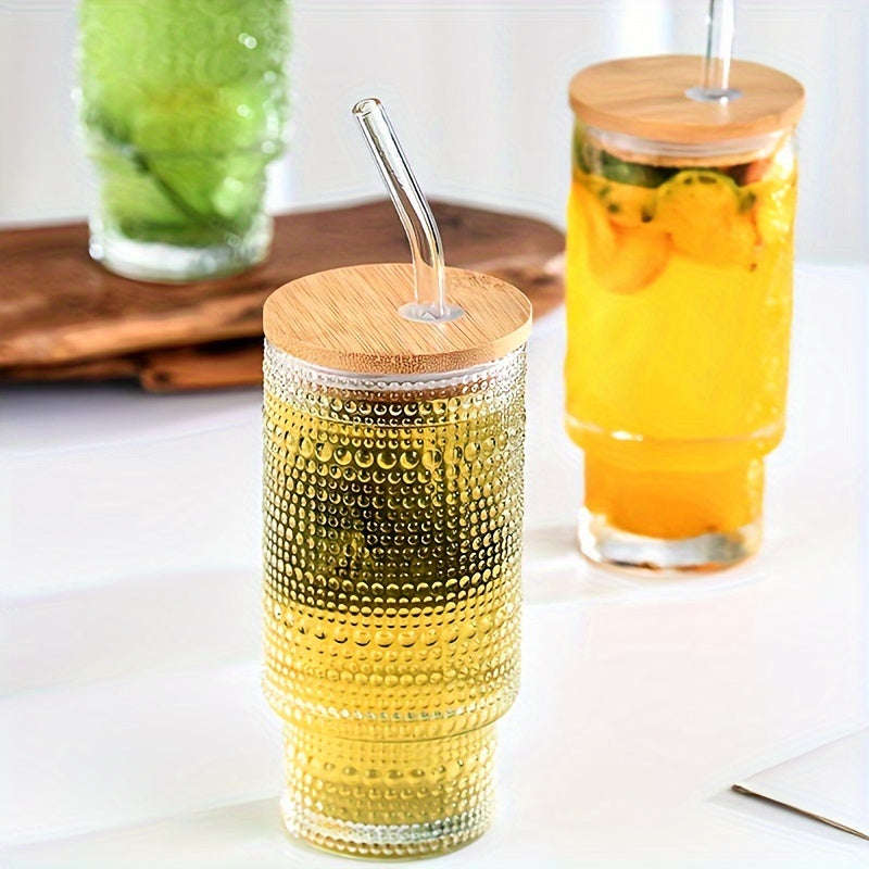 11oz Glass Cup Milk Coffee Cup Wooden Lid Straw Outdoor Fitness Camping Picnic