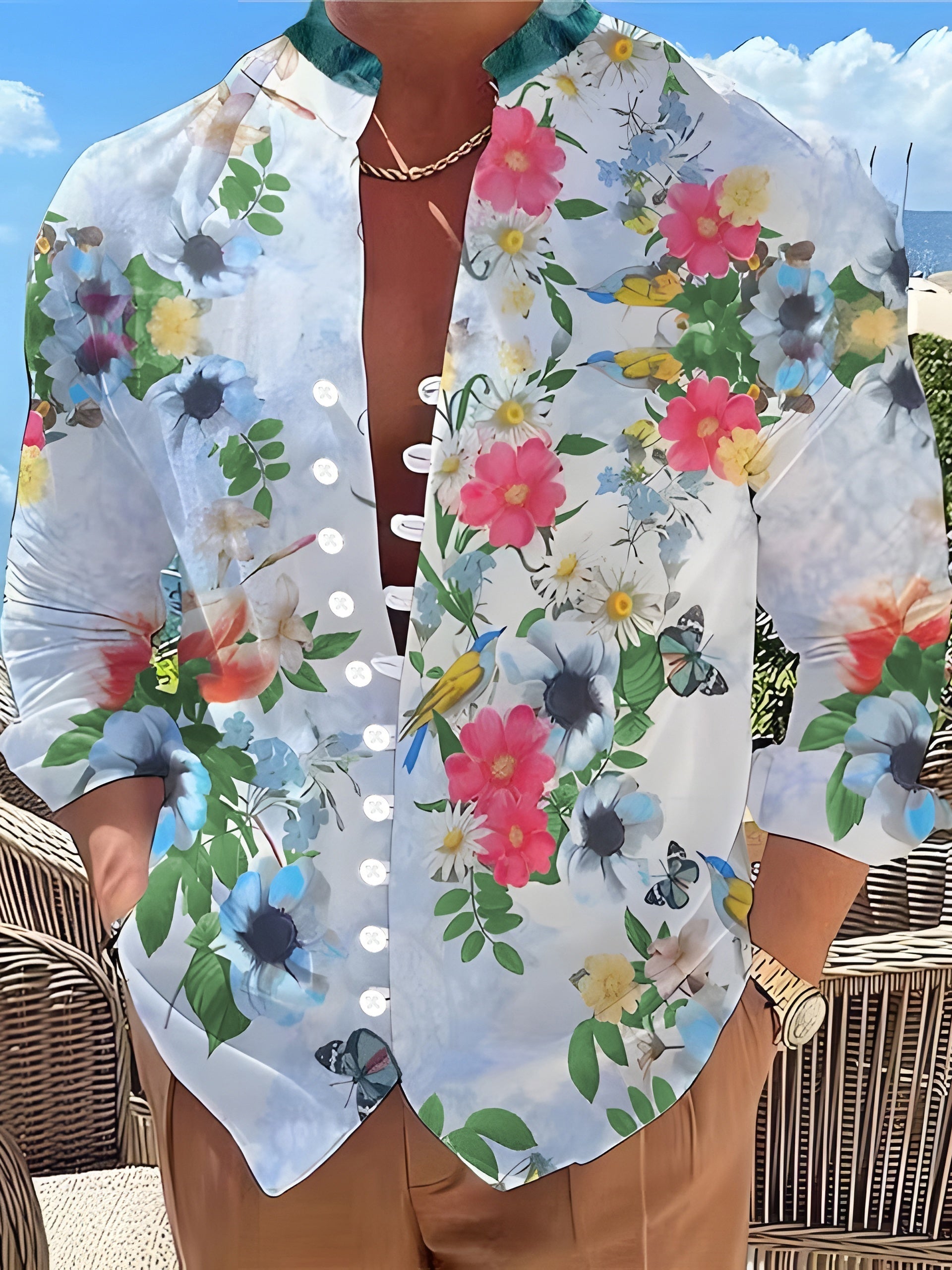 Flower 3D Pattern Print Men's Casual Long Sleeve Shirt