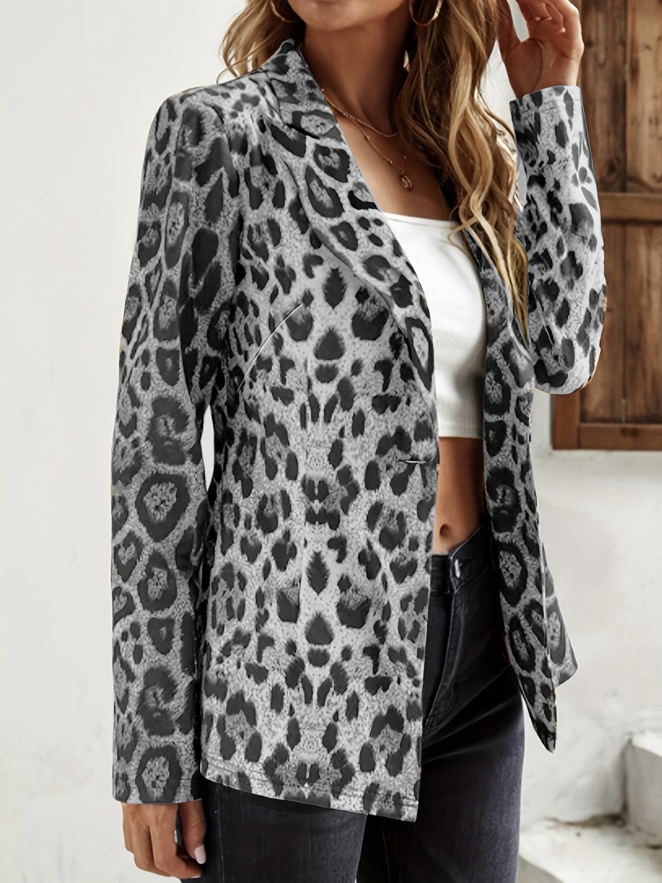 Leopard Print Blazer Long Sleeve Casual Lapel Collar Women's Plus