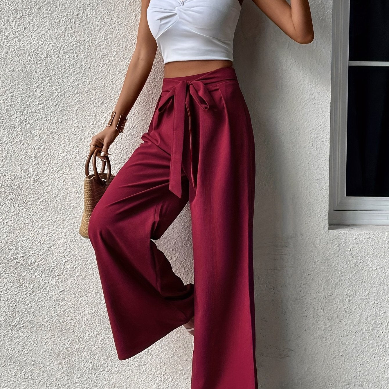 Wide Leg Pants Tie Waist Casual Style