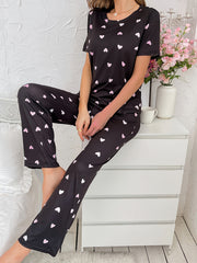 Heart Print Pajama Set Short Sleeve Top & Pants Women's Sleepwear