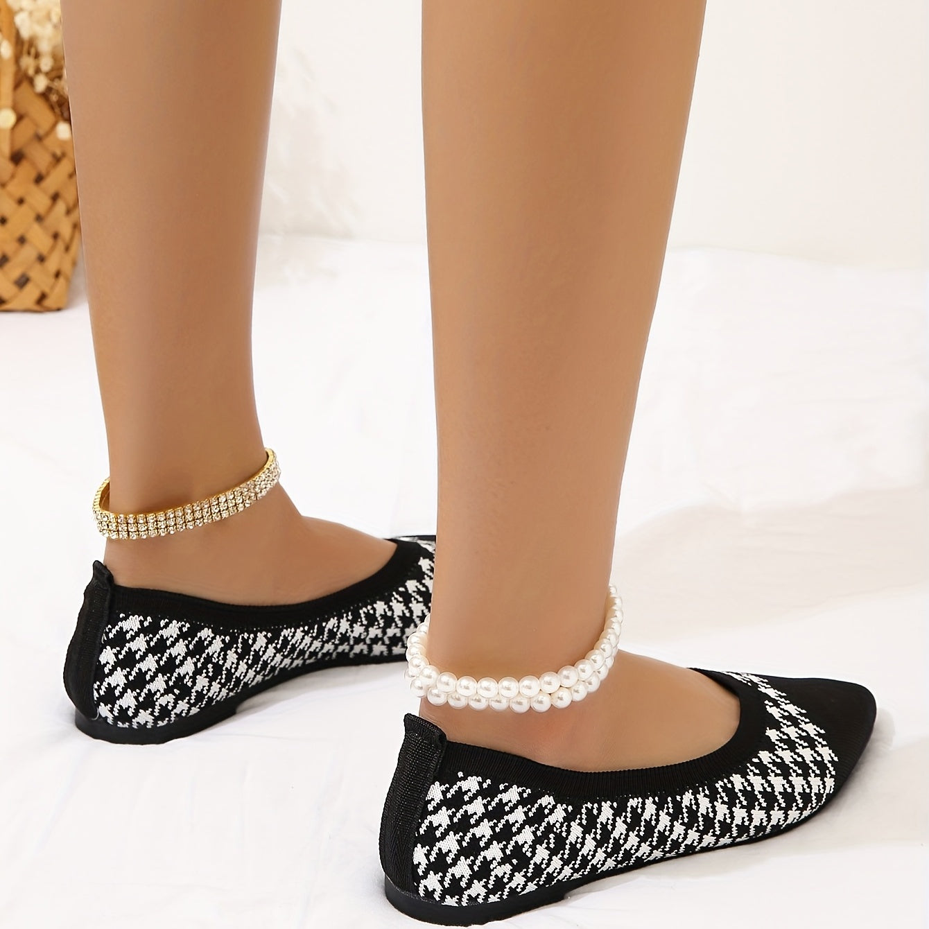 Women's Houndstooth Knit Flat Shoes Pointed Toe Slip-On Ballet Flats