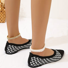 Women's Houndstooth Knit Flat Shoes Pointed Toe Slip-On Ballet Flats
