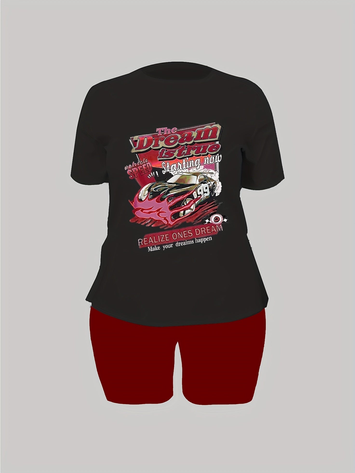 Women's Plus Car & Letter Print Tee & Shorts 2pcs Set
