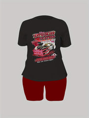 Women's Plus Car & Letter Print Tee & Shorts 2pcs Set