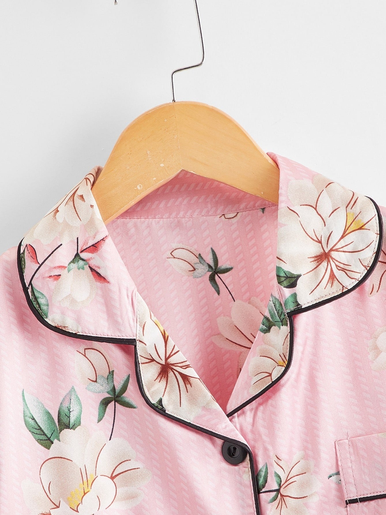 2pcs Girls Pajamas Flowers Print Button Short Sleeve Top & Pants Set