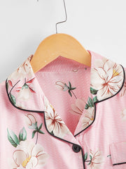 2pcs Girls Pajamas Flowers Print Button Short Sleeve Top & Pants Set