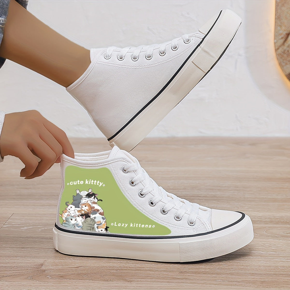 Kitten Print Plush Lined Chunky Canvas Sneakers