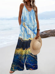 Graphic Print V Neck Jumpsuit Sleeveless Casual Wear