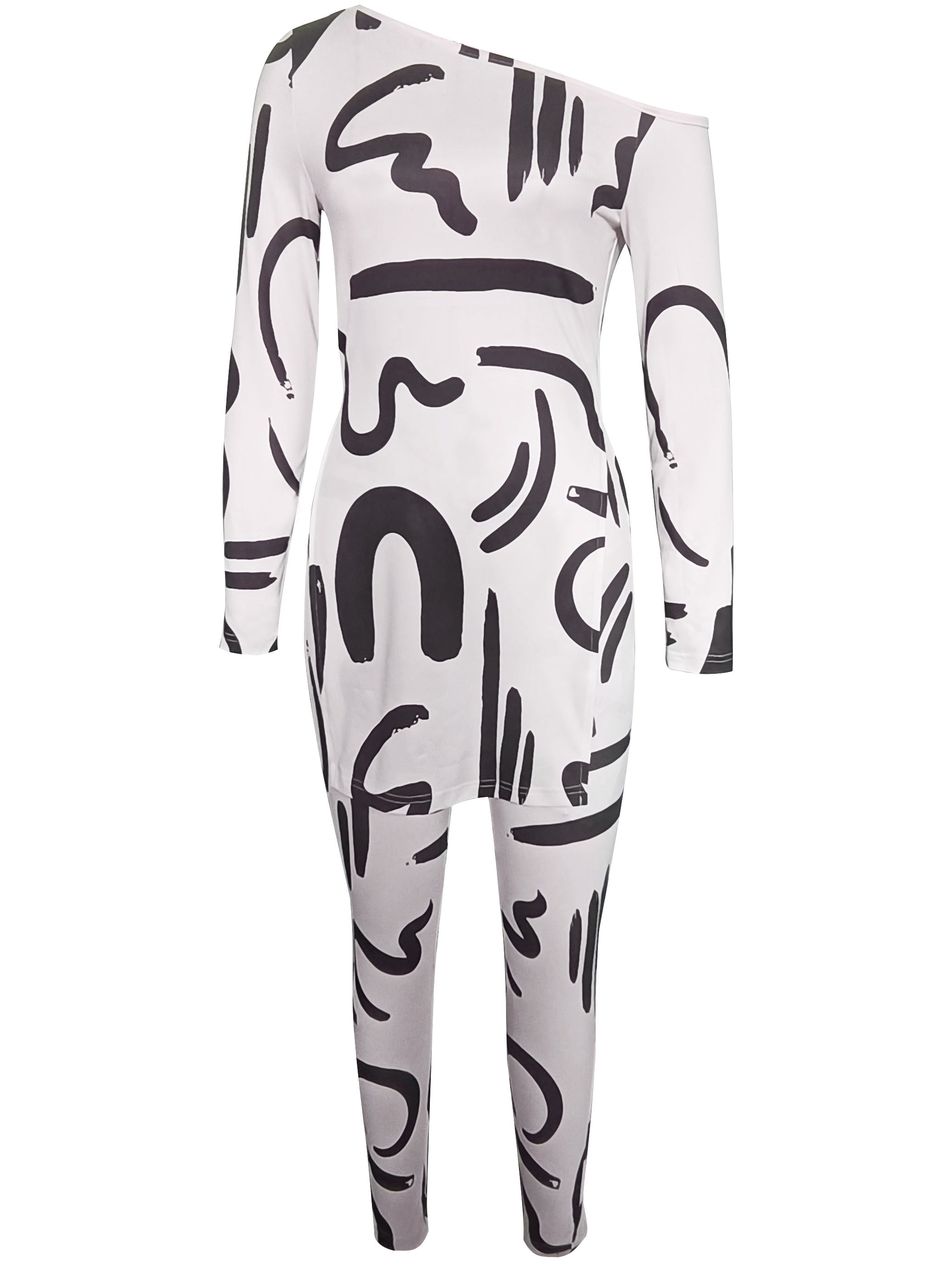 Abstract Print Two Piece Set Slanted Shoulder Split Tops & Slim Pants