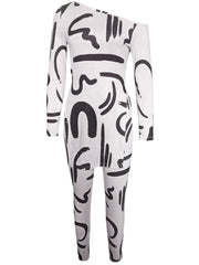 Abstract Print Two Piece Set Slanted Shoulder Split Tops & Slim Pants