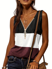 Casual V Neck Sleeveless Tank Top Zip Up for Summer