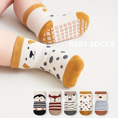 5pairs Kids Anti-Skid Cartoon Pattern Socks with Rubber Dots