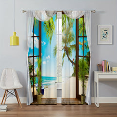 2pcs 3D Beach Landscape Window Curtains Rod Pocket Style Home Decor
