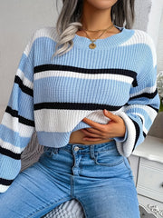 Striped Crop Sweater Long Sleeve Casual Fall Spring Women's Clothing