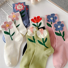 5 Pairs Floral Print Socks Comfy & Breathable Women's Mid Tube Stockings