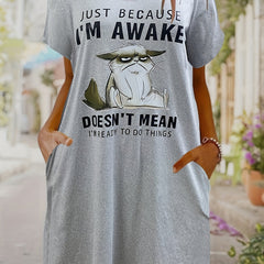 Slogan & Cartoon Cat Print Tee Dress With Pockets