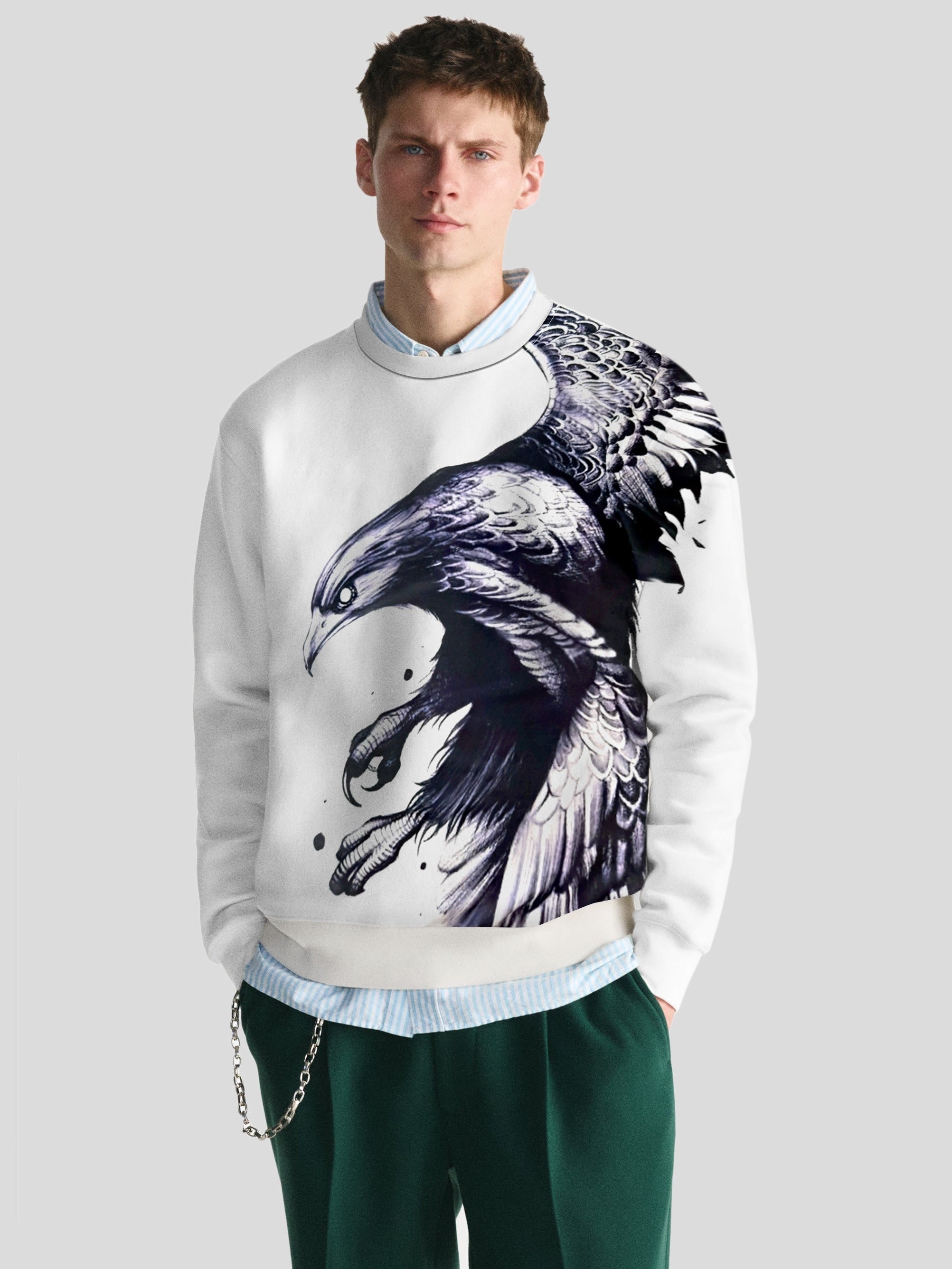 3D Eagle Print Sweatshirt Men's Crew Neck Pullover for Autumn Win