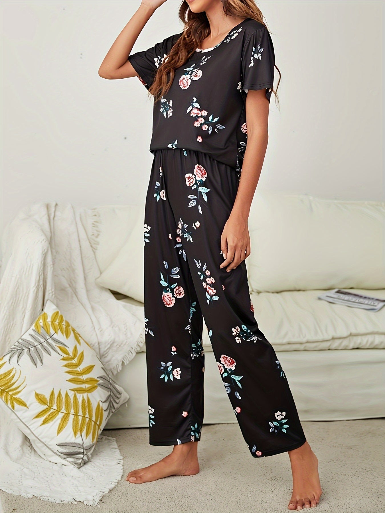 Floral Print Pajamas Set Short Sleeve Top & Lounge Pants