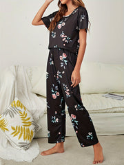 Floral Print Pajamas Set Short Sleeve Top & Lounge Pants