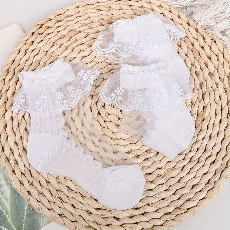 3 Pairs of Mid-tube Lace Cotton Girl's Socks