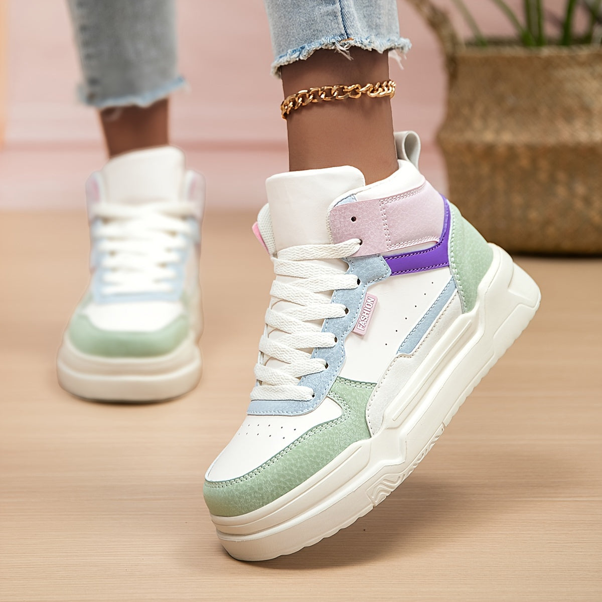 Women's Block Faux Leather Chunky Sneakers Casual Wear Resistance Non Slip Shoes