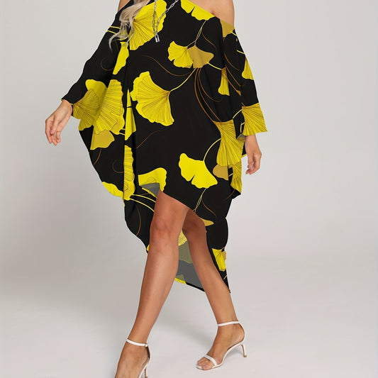 Leaf Print Cover Up Dress Loose Fit One Shoulder Long Sleeves Rash Guard Kaftan
