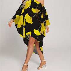Leaf Print Cover Up Dress Loose Fit One Shoulder Long Sleeves Rash Guard Kaftan