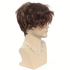 Brown Curly Hair With Bangs Men's Synthetic Wig For Daily Party