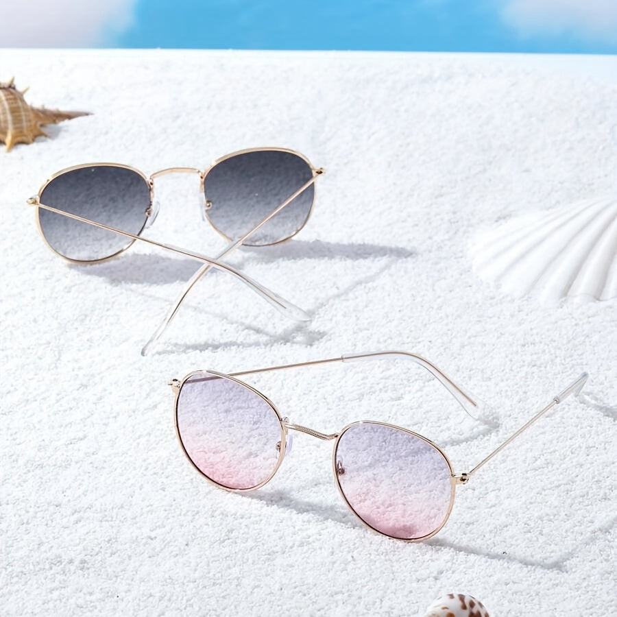 2 Pairs Round Metal Frame Sunglasses Gradient Lens Casual Style Glasses