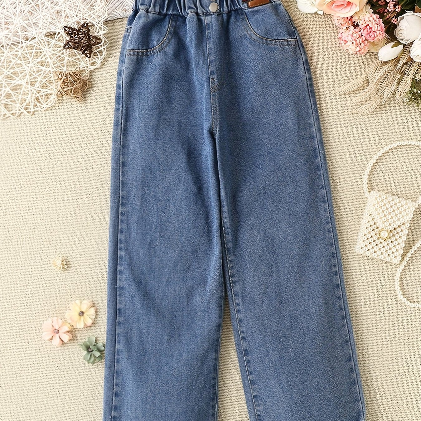 Girls Double Button Wide Leg Denim Pants