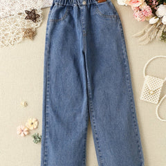 Girls Double Button Wide Leg Denim Pants