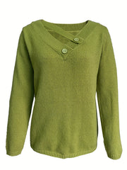 Solid Button Long Sleeve V Neck Cut Out Jumper