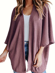 Casual Cardigan Women's Plus Solid Waffle Knit Open Front Cardigan