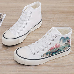 Chinese Landscape Print Plush Lined Thermal Canvas Sneakers