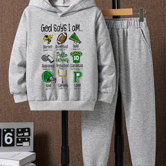 2pcs Boys Football Print Hoodie & Solid Sweatpants Set