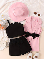 Girls Cami Top & Elastic Waist Shorts & Lapel Vest & Hat Set With Belt