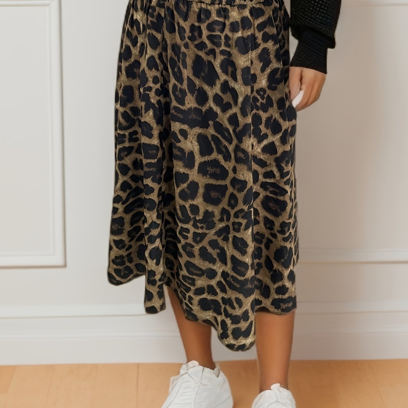 Leopard Print Plus Size Casual Elastic Midi Skirt