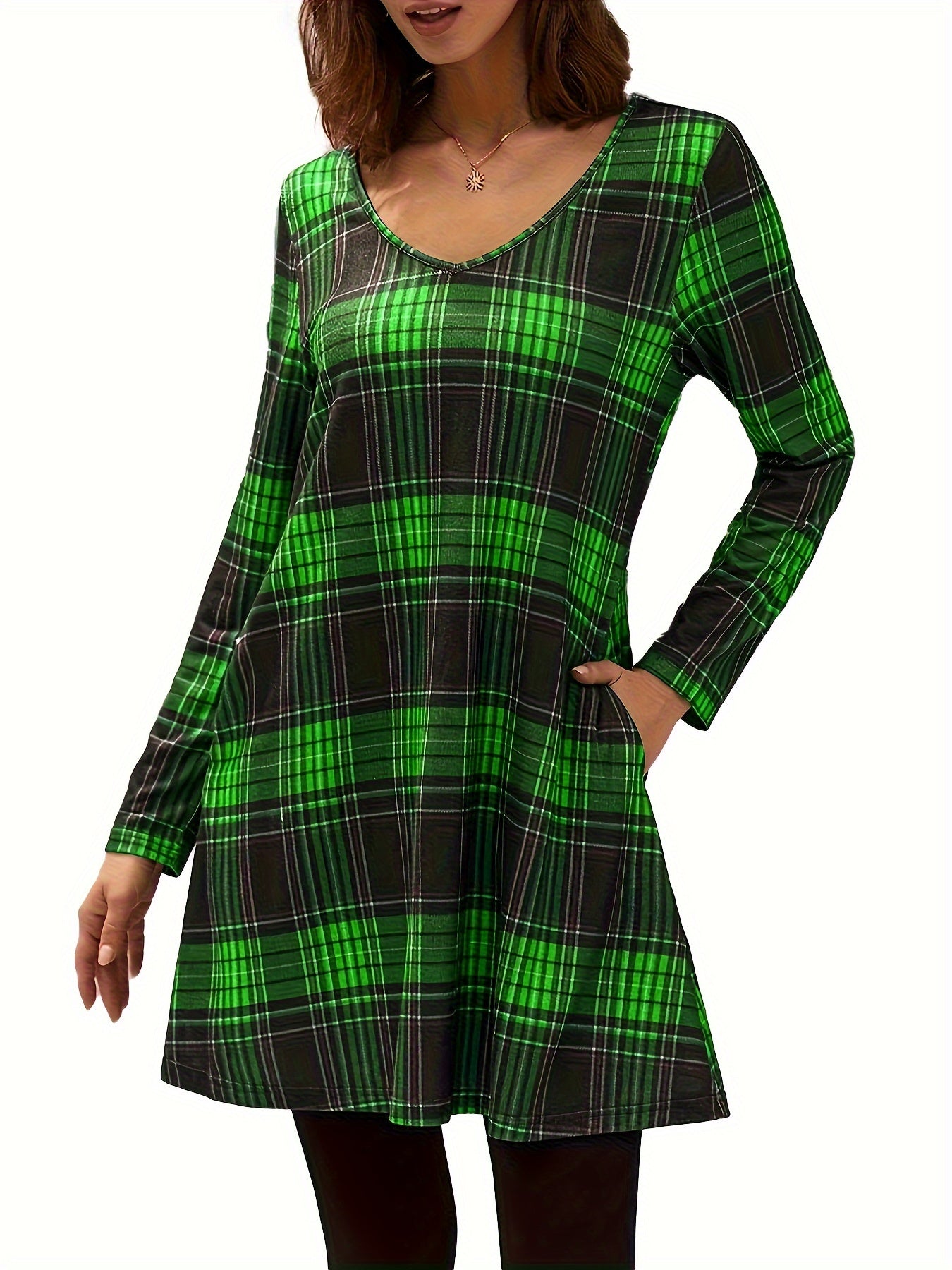 Women's Plus Plaid Print Long Sleeve V Neck Tee Dress With Pockets