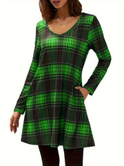Women's Plus Plaid Print Long Sleeve V Neck Tee Dress With Pockets